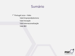 Sumário
 Portugal 2020 – Vales
Vale Empreendedorismo
Vale Inovação
Vale Internacionalização
Vale I&D
 