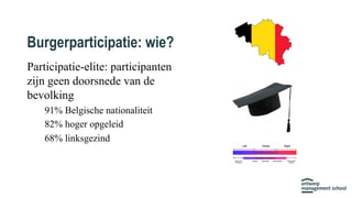 Burgerparticipatie: wie?
Participatie-elite: participanten
zijn geen doorsnede van de
bevolking
91% Belgische nationalitei...