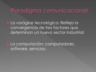  La vorágine tecnológica: Refleja la
convergencia de tres factores que
determinan un nuevo sector industrial:
La computación: computadores,
software, servicios.