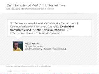Definition „Social Media“ in Unternehmen
Das „Social Web“ ist ein Kommunikationsraum im Internet




       “Im Zentrum von sozialen Medien steht der Mensch und die
       Kommunikation von Menschen. Das heißt: Zweiseitige,
       transparente und ehrliche Kommunikation; KEIN
       Entertainmentkanal und keine Werbewiese!”


                                        Matias Roskos
                                        Blogger, Buchautor,
                                        Senior Community Manager ProSiebenSat.1




Quelle: Matias Roskos: Social Media Communities, 2012; Wiley-­‐VCH	
  Verlag	
  GmbH & Co. KGaA	
  



             crowdsourced innovation 
                                                       14
 