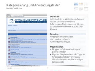 Kategorisierung und Anwendungsfelder
Weblogs und Foren



                                                                                     Definition
                                                                                     individualisierte Webseiten auf denen
                                                                                     Nutzer diskutieren und ihre
                                                                                     Erfahrungen, Meinungen und Wissen
                                                                                     zu spezifischen Themen austauschen
                                                                                     können
                                                                                     
                                                                                     Beispiele
                                                                                     kindergarten-spielecke.de
                                                                                     marzipanfuesschen.de
                                                                                     nachhaltigkeitsblog.de
                                                                                     
                                                                                     Möglichkeiten
                                                                                     •  Blogger zu Spielenachmittagen/
                                                                                        Events einladen
                                                                                     •  Eigenen Blog betreiben, z.B. Tipps für
                                                                                        Kindergeburtstage/Partyideen/
                                                                                        Märklineisenbahnen/Nachhaltiges
                                                                                        Spielzeug etc.
Quelle: http://www.klickywelt.de; http://de.wikipedia.org/wiki/Social_Media

            crowdsourced innovation 
                                          20
 