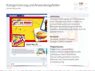 Kategorisierung und Anwendungsfelder
Soziale Netzwerke



                                                                                              Definition
                                                                                              eine lose Verbindung von Menschen in
                                                                                              einer Netzgemeinschaft. Handelt es
                                                                                              sich um Netzwerke, bei denen die
                                                                                              Benutzer gemeinsam eigene Inhalte
                                                                                              erstellen, bezeichnet man diese auch als
                                                                                              soziale Medien.
                                                                                              
                                                                                              Beispiele
                                                                                              facebook, Twitter, Myspace,
                                                                                              Google+, XING, LinkedIn
                                                                                              
                                                                                              Möglichkeiten
                                                                                              Möglichkeit, dauerhaften
                                                                                              Kommunikationskanal mit Kunden
                                                                                              aufzubauen (über Newsfeed)
                                                                                              Darauf aufbauend dann einzelne
                                                                                              Aktionen wie Gewinnspiele oder
                                                                                              Crowdsourcing
                                                                                              
Quelle: https://www.facebook.com/spielemax.ag; http://de.wikipedia.org/wiki/Social_Media

            crowdsourced innovation 
                                                   21
 