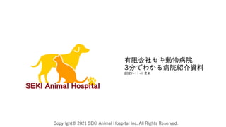 有限会社セキ動物病院
3分でわかる病院紹介資料
2021-11-1 更新
Copyright© 2021 SEKI Animal Hospital Inc. All Rights Reserved.
 