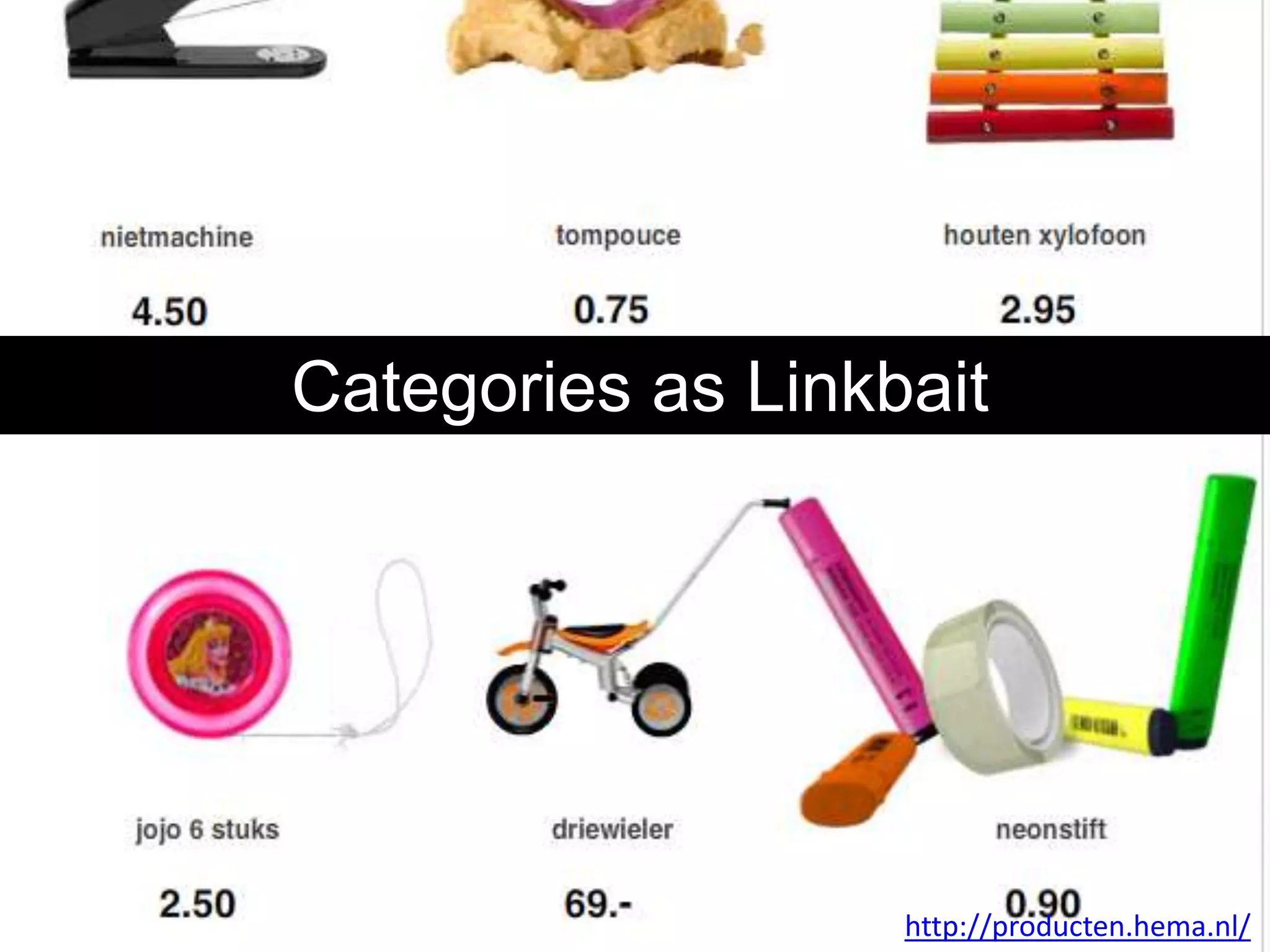 Categories as Linkbait




                   http://producten.hema.nl/
 