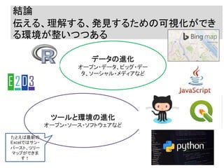 結論
伝える、理解する、発見するための可視化ができ
る環境が整いつつある
22
データの進化
オープン・データ、ビッグ・デー
タ、ソーシャル・メディアなど
ツールと環境の進化
オープン・ソース・ソフトウェアなど
たとえば最新の
Excelではサン・
バースト、ツリー
マップができま
す！
 