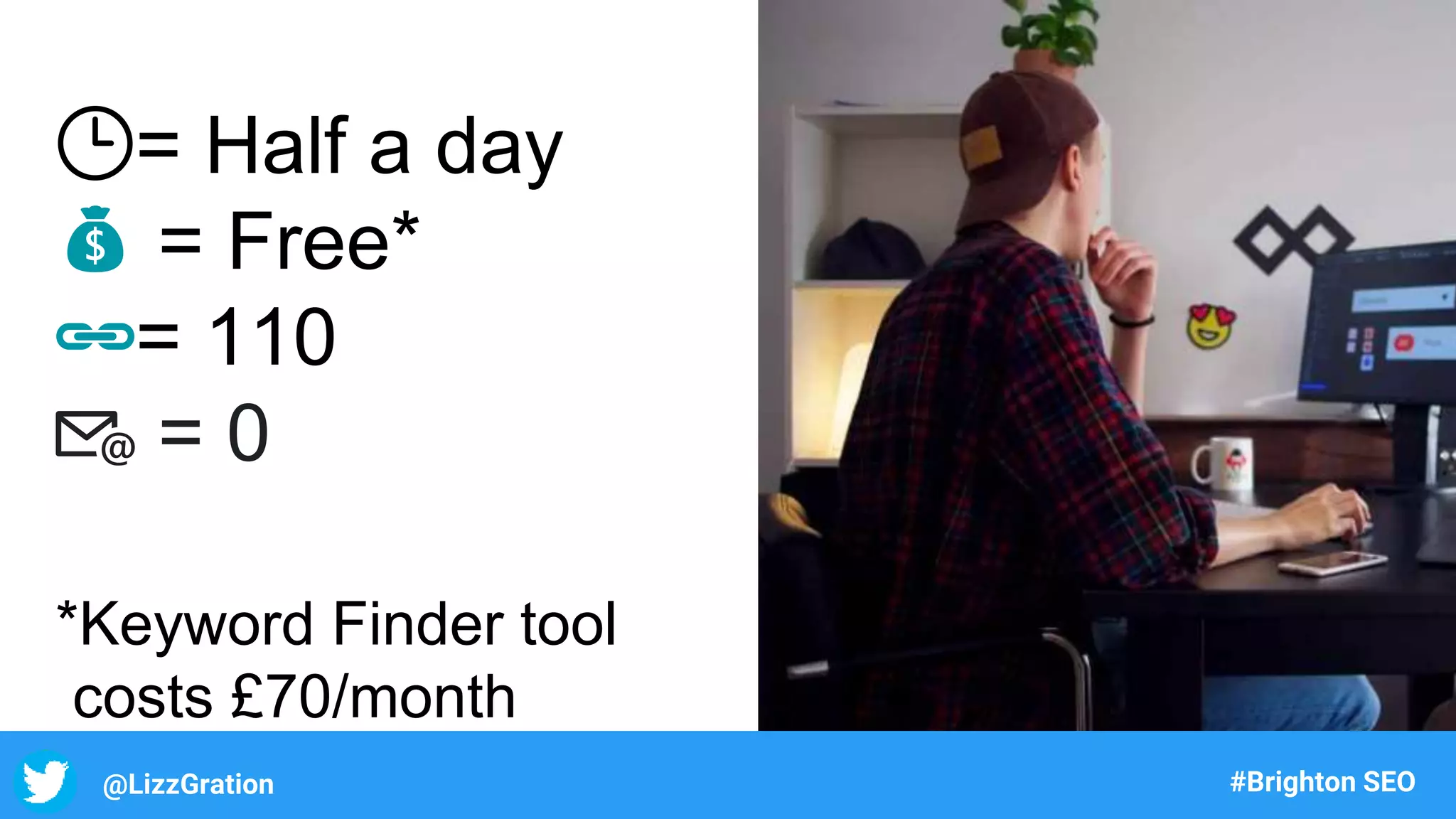 @LizzGration #Brighton SEO
🕒= Half a day
💰 = Free*
🔗= 110
📧 = 0
*Keyword Finder tool
costs £70/month
 