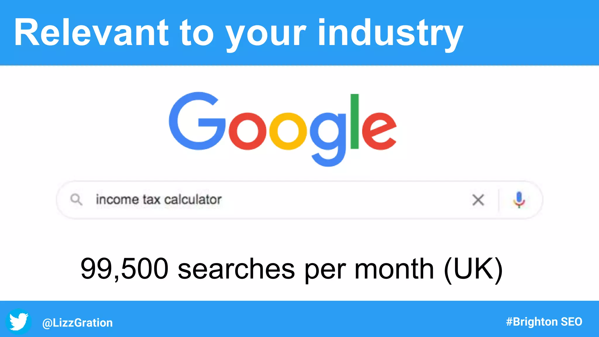 @LizzGration #Brighton SEO
Relevant to your industry
99,500 searches per month (UK)
 