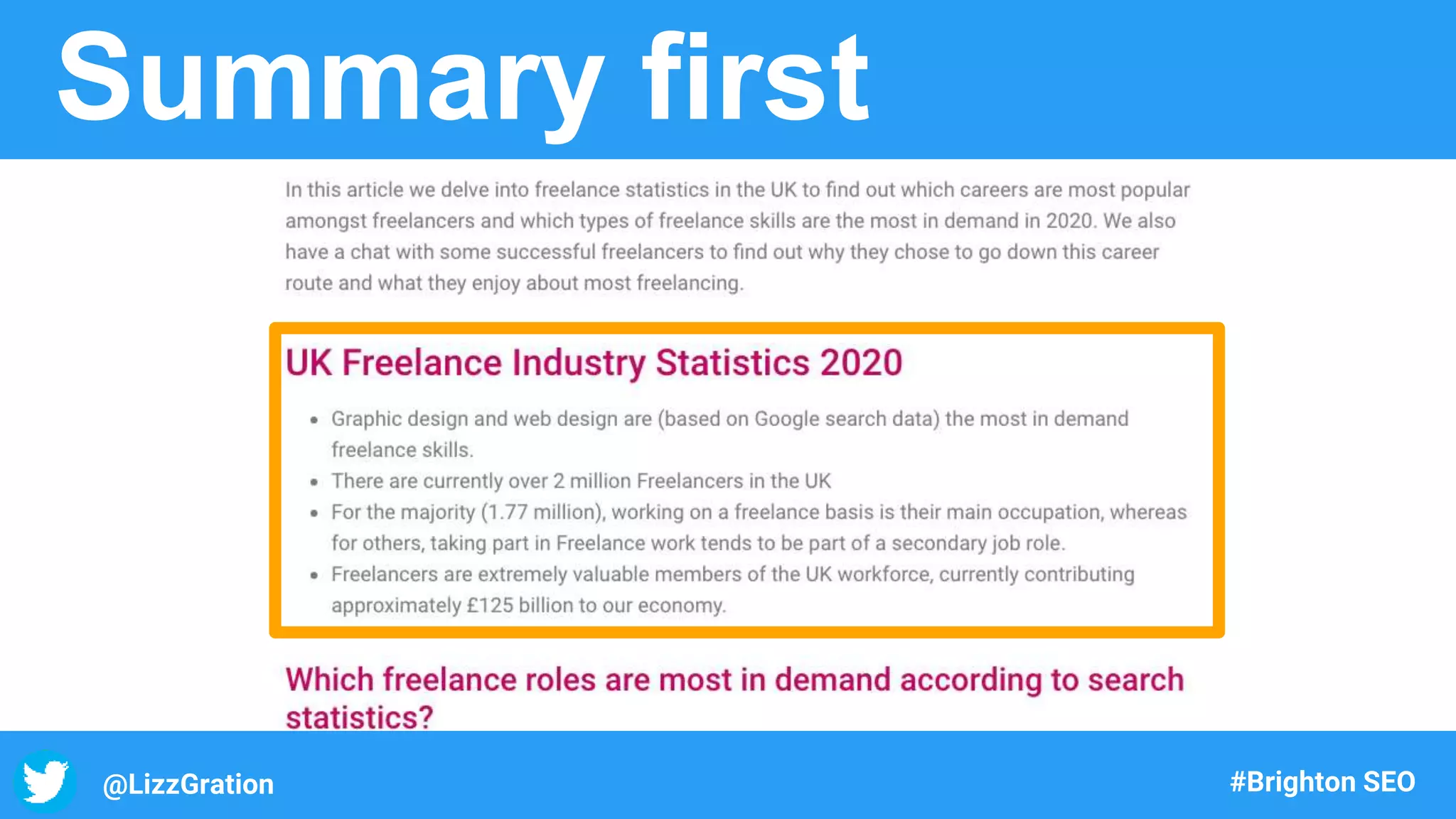 @LizzGration #Brighton SEO
Summary first
 