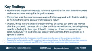 Key findings
• Movement to inactivity increased for those aged 50 to 70, with full time workers
and male workers seeing th...