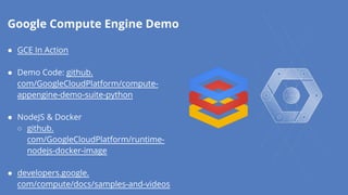 Google Compute Engine Demo 
● GCE In Action 
● Demo Code: github. 
com/GoogleCloudPlatform/compute-appengine- 
demo-suite-python 
● NodeJS & Docker 
○ github. 
com/GoogleCloudPlatform/runtime-nodejs- 
docker-image 
● developers.google. 
com/compute/docs/samples-and-videos 
 
