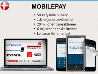 • 5000 fysiska butiker
• 1,8 miljoner användare
• 20 miljoner transaktioner
• 6 miljarder danska kronor
• Lanseras för e-handel
MOBILEPAY
 