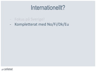 Internationellt?
- Fokus på Sverige!
- Kompletterat med No/Fi/Dk/Eu
 