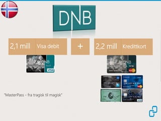 2,1 mill Visa debit + 2,2 mill Kredittkort
”MasterPass - fra tragisk til magisk”
 
