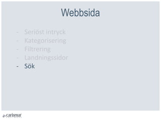 Webbsida
- Seriöst intryck
- Kategorisering
- Filtrering
- Landningssidor
- Sök
 