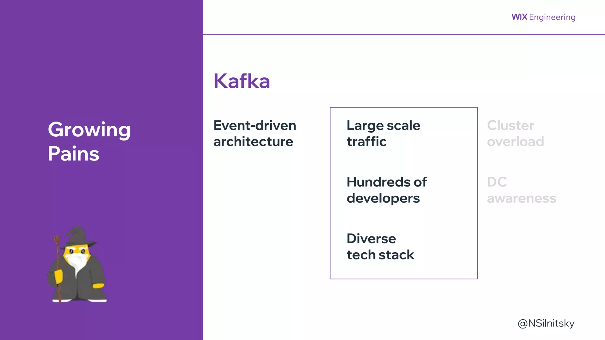 @NSilnitsky
@NSilnitsky
Large scale
traffic
Hundreds of
developers
Event-driven
architecture
Diverse
tech stack
Kafka
Growing
Pains
Cluster
overload
DC
awareness
 