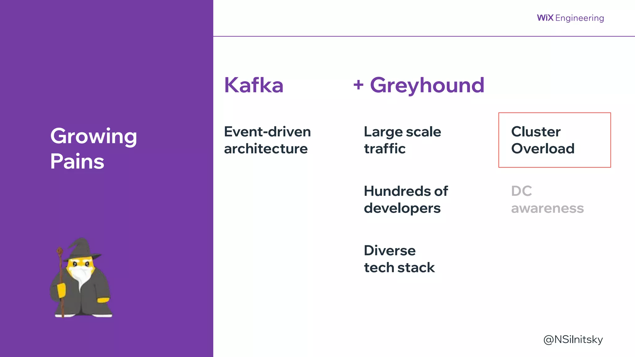 @NSilnitsky
@NSilnitsky
Hundreds of
developers
Event-driven
architecture
Diverse
tech stack
Kafka + Greyhound
Growing
Pains
Large scale
traffic
Cluster
Overload
DC
awareness
 