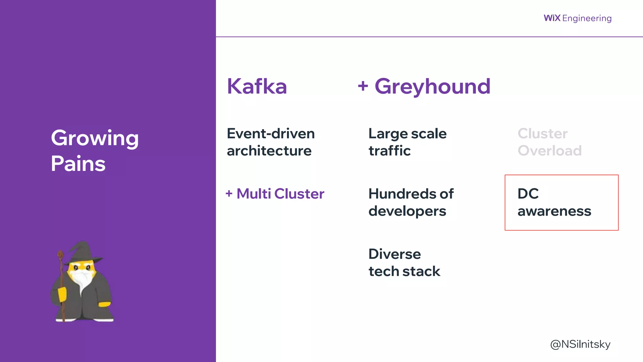 @NSilnitsky
@NSilnitsky
Hundreds of
developers
Event-driven
architecture
Diverse
tech stack
Kafka + Greyhound
Growing
Pains
Large scale
traffic
Cluster
Overload
DC
awareness
+ Multi Cluster
 