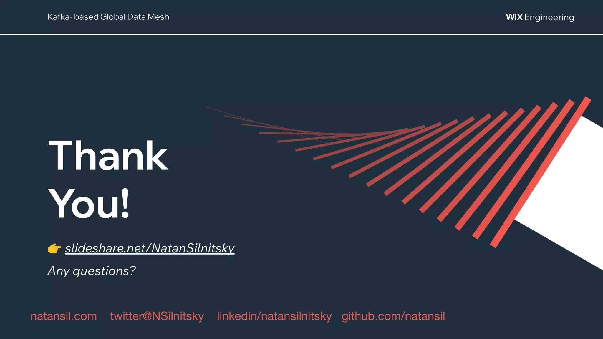 @NSilnitsky
@NSilnitsky
Thank
You!
natansil.com twitter@NSilnitsky linkedin/natansilnitsky github.com/natansil
👉 slideshare.net/NatanSilnitsky
Any questions?
Kafka- based Global Data Mesh
 