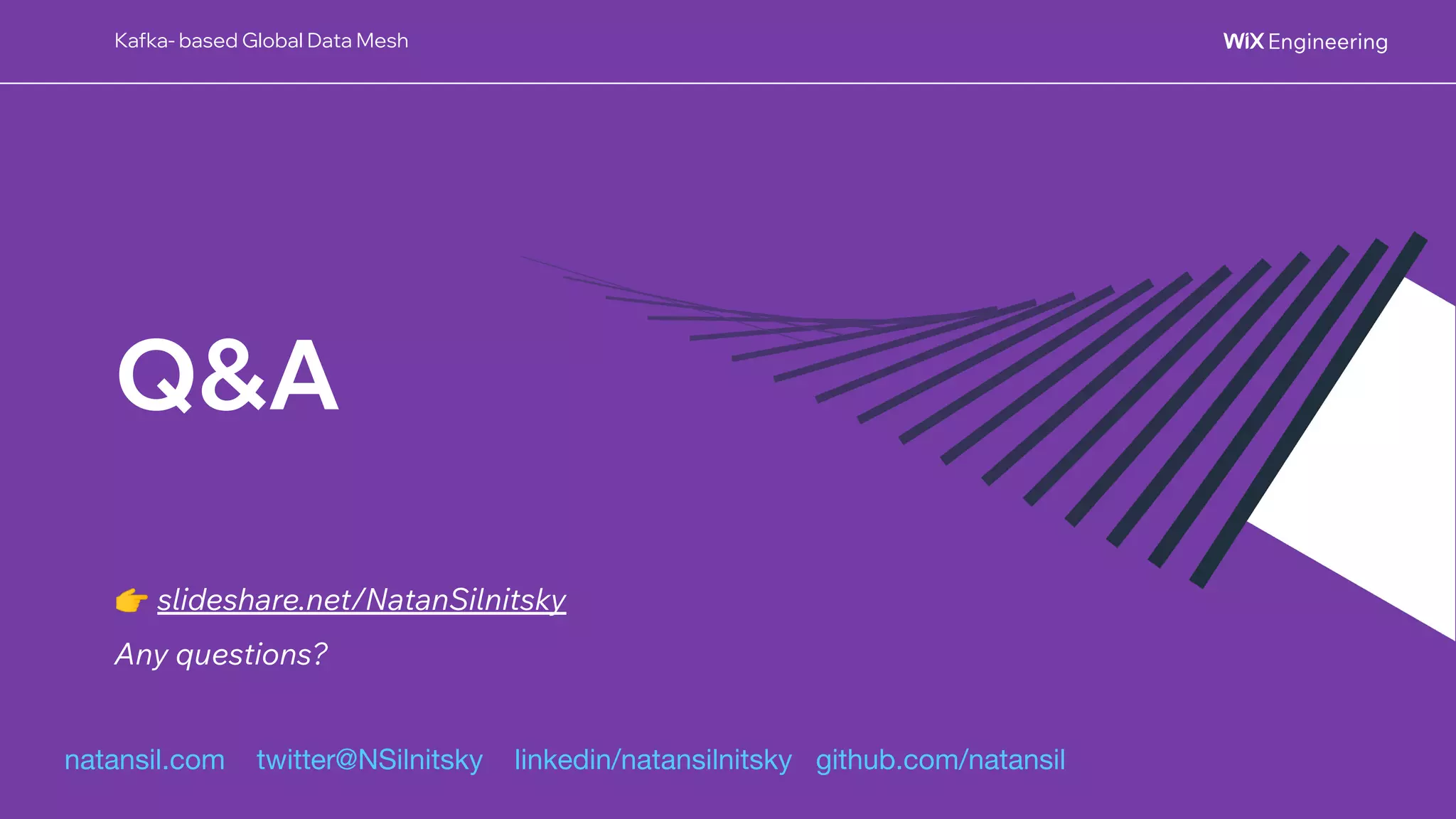 @NSilnitsky
@NSilnitsky
Q&A
natansil.com twitter@NSilnitsky linkedin/natansilnitsky github.com/natansil
👉 slideshare.net/NatanSilnitsky
Any questions?
Kafka- based Global Data Mesh
 