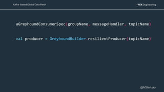 @NSilnitsky
@NSilnitsky
aGreyhoundConsumerSpec(groupName, messageHandler, topicName)
val producer = GreyhoundBuilder.resilientProducer(topicName)
Kafka- based Global Data Mesh
 
