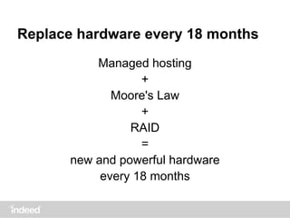Replace hardware every 18 months
Managed hosting
+
Moore's Law
+
RAID
=
new and powerful hardware
every 18 months
 
