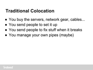Traditional Colocation
● You buy the servers, network gear, cables...
● You send people to set it up
● You send people to fix stuff when it breaks
● You manage your own pipes (maybe)
 