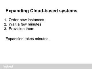 Expanding Cloud-based systems
1. Order new instances
2. Wait a few minutes
3. Provision them
Expansion takes minutes.
 
