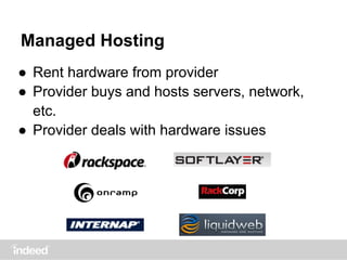 Managed Hosting
● Rent hardware from provider
● Provider buys and hosts servers, network,
etc.
● Provider deals with hardware issues
 