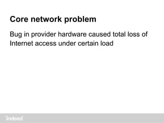 Bug in provider hardware caused total loss of
Internet access under certain load
Core network problem
 