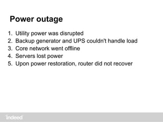 Power outage
1. Utility power was disrupted
2. Backup generator and UPS couldn't handle load
3. Core network went offline
4. Servers lost power
5. Upon power restoration, router did not recover
 
