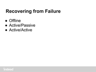 Recovering from Failure
● Offline
● Active/Passive
● Active/Active
 