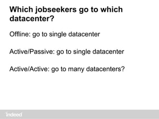 Which jobseekers go to which
datacenter?
Offline: go to single datacenter
Active/Passive: go to single datacenter
Active/Active: go to many datacenters?
 