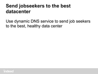 Send jobseekers to the best
datacenter
Use dynamic DNS service to send job seekers
to the best, healthy data center
 