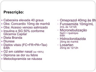 Prescrição:
 Cabeceira elevada 40 graus
 Obs: Concardio 10mg de manhã
 Obs: Acesso venoso salinizado
 Insulina e SG 50% conforme
Glicemia Capilar
 Dieta Branda
 Diurese
 Dados vitais (FC+FR+PA+Tax)
6/6h
 O2 em catéter nasal (se <90%)
 Dipirona se dor ou febre
 Metoclopramida se náusea
▫ Omeprazol 40mg às 8h
▫ Furosemida 10mg/mL
2mL de 12/12h
▫ Micronebulização
NaCl + Ipatrópio
6/6h
▫ Hidroclorotiazida
25mg de manhã
▫ Losartan
25mg de 12/12h
 