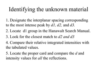 Identifying the unknown material
1. Designate the interplanar spacing corresponding
to the most intense peak by d1, d2, and d3.
2. Locate d1 group in the Hanawalt Search Manual.
3. Look for the closest match to d2 and d3
4. Compare their relative integrated intensities with
the tabulated values.
5. Locate the proper card and compare the d and
intensity values for all the reflections.
 