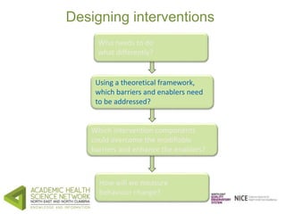 Designing interventions 
Who needs to do 
what differently? 
Using a theoretical framework, 
which barriers and enablers n...