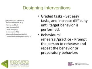 Designing interventions 
• Graded tasks - Set easy 
tasks, and increase difficulty 
until target behavior is 
performed. 
...