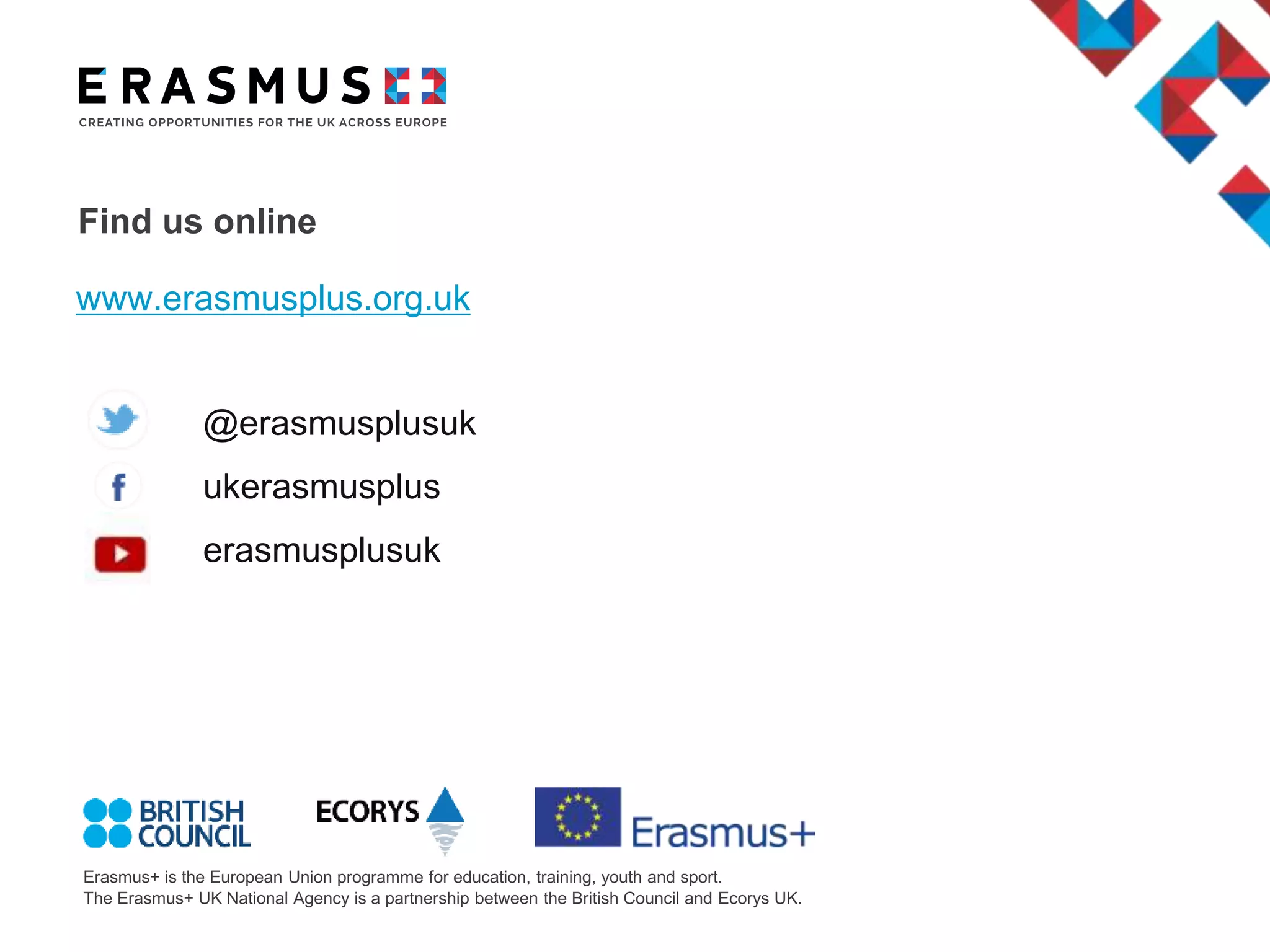 Erasmus+ is the European Union programme for education, training, youth and sport.
The Erasmus+ UK National Agency is a partnership between the British Council and Ecorys UK.
Find us online
www.erasmusplus.org.uk
@erasmusplusuk
ukerasmusplus
erasmusplusuk
 