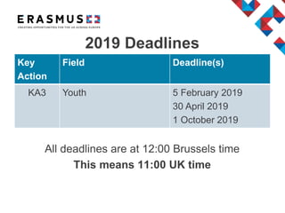 2019 Deadlines
Key
Action
Field Deadline(s)
KA3 Youth 5 February 2019
30 April 2019
1 October 2019
All deadlines are at 12:00 Brussels time
This means 11:00 UK time
 