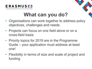 • Organisations can work together to address policy
objectives, challenges and needs
• Projects can focus on one field alone or on a
cross-field basis
• Priority topics for 2019 are in the Programme
Guide – your application must address at least
one!
• Flexibility in terms of size and scale of project and
funding
What can you do?
 