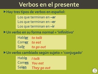 Hay tres tipos de verbos en español:
Los que terminan en –ar
Los que terminan en –er
Los que terminan en –ir
Un verbo en...