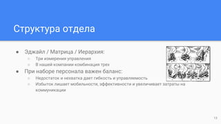 Структура отдела
● Эджайл / Матрица / Иерархия:
○ Три измерения управления
○ В нашей компании комбинация трех
● При наборе персонала важен баланс:
○ Недостаток и нехватка дает гибкость и управляемость
○ Избыток лишает мобильности, эффективности и увеличивает затраты на
коммуникации
13
 