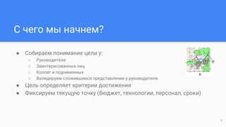 С чего мы начнем?
● Собираем понимание цели у:
○ Руководителя
○ Заинтересованных лиц
○ Коллег и подчиненных
○ Валидируем сложившиеся представление у руководителя
● Цель определяет критерии достижения
● Фиксируем текущую точку (бюджет, технологии, персонал, сроки)
7
 