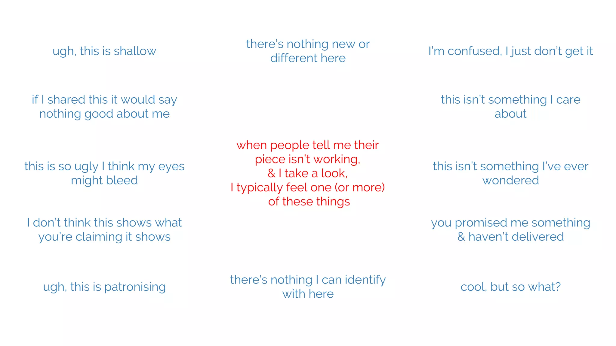 @hannah_bo_banna
when people tell me their
piece isn’t working,
& I take a look,
I typically feel one (or more)
of these things
ugh, this is shallow
there’s nothing new or
different here
I’m confused, I just don’t get it
this isn’t something I’ve ever
wondered
this is so ugly I think my eyes
might bleed
ugh, this is patronising
there’s nothing I can identify
with here
cool, but so what?
if I shared this it would say
nothing good about me
I don’t think this shows what
you’re claiming it shows
this isn’t something I care
about
you promised me something
& haven’t delivered
 