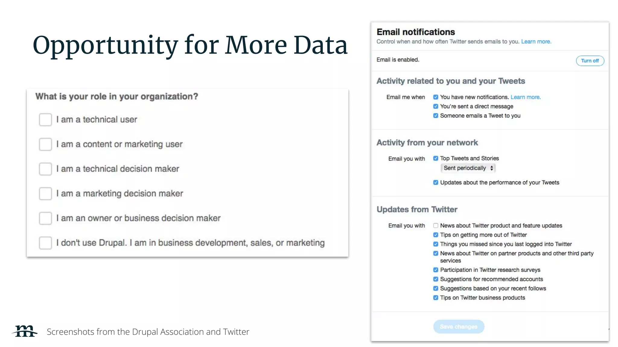 | 37
Opportunity for More Data
Screenshots from the Drupal Association and Twitter
 