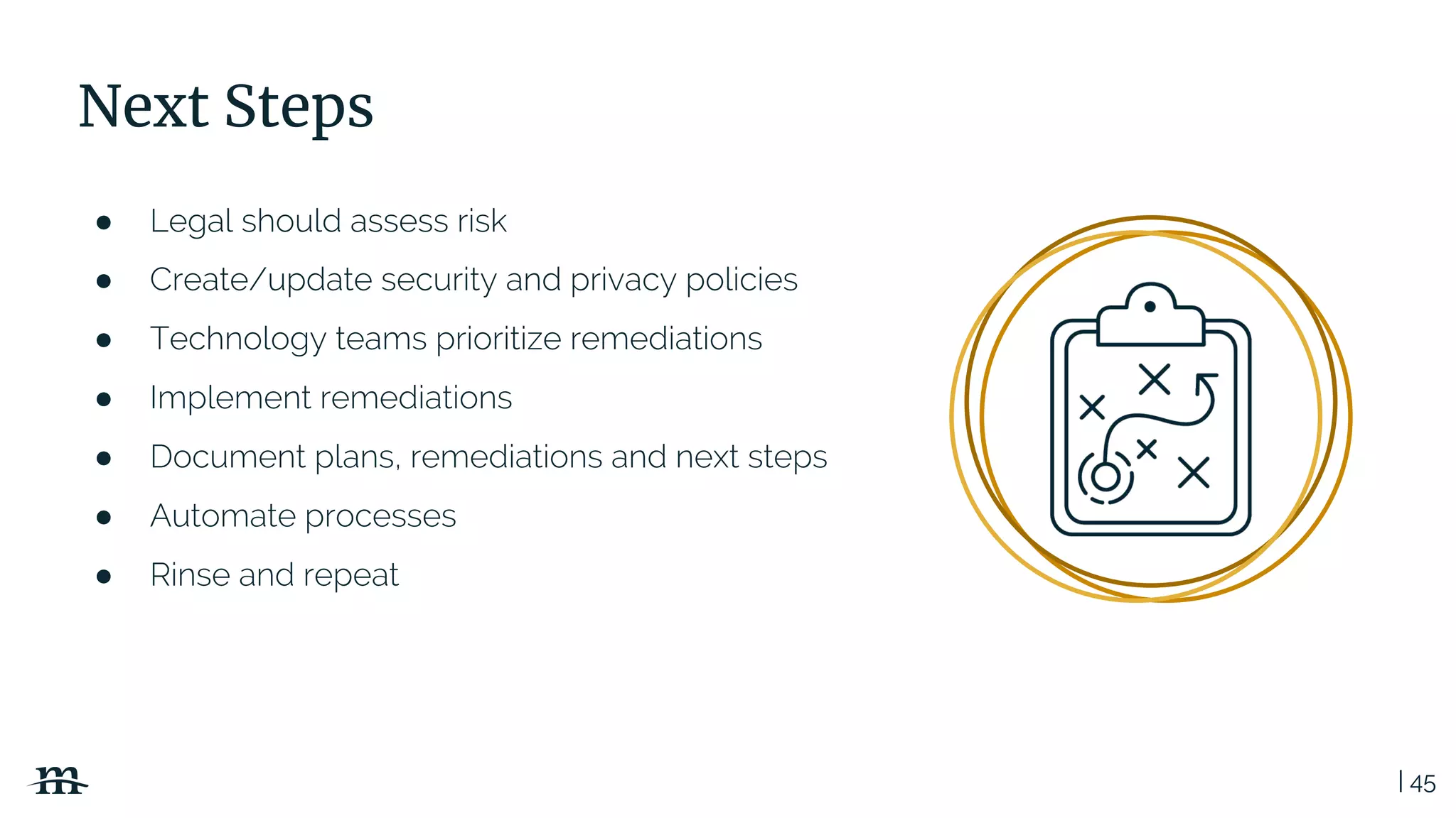 | 45
Next Steps
● Legal should assess risk
● Create/update security and privacy policies
● Technology teams prioritize remediations
● Implement remediations
● Document plans, remediations and next steps
● Automate processes
● Rinse and repeat
 