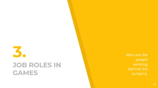 3.
JOB ROLES IN
GAMES
Who are the
people
working
behind the
curtains.
19
 