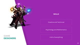 GAME
DESIGNERS
Creative and Technical
Psychology and Mathematics
A bit of everything
29
SKILLS
 