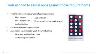 © Copyright 2017 NowSecure, Inc. All Rights Reserved. Proprietary information.
Tools needed to assess apps against those requirements
✓ Tests/checks need to cover each of your requirements
○ Data storage
○ Data transmission
○ Authentication
✓ iOS and Android testing capabilities
✓ Automation capabilities (or you’ll drown in backlog)
○ New apps published every day
○ And subsequent updates
○ Authorization
○ Reverse engineering / code analysis
 