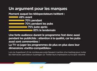 Un argument pour les marques
Moment auquel les téléspectateurs twittent :
      49% avant
          70% pendant
          ...